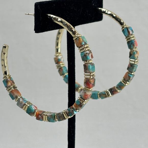 Kendra Scott Ember Gold Plate Hoop Earrings Bronze Veined Turquoise Red Oyster - Picture 2 of 12